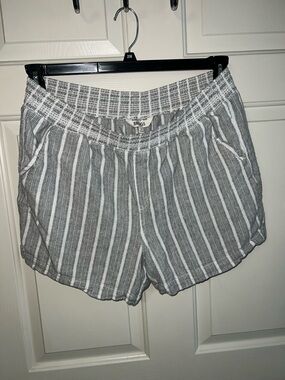 Gray White Striped Linen Blend Pullon Beach Resort Vacation Shorts Sz Xlarge